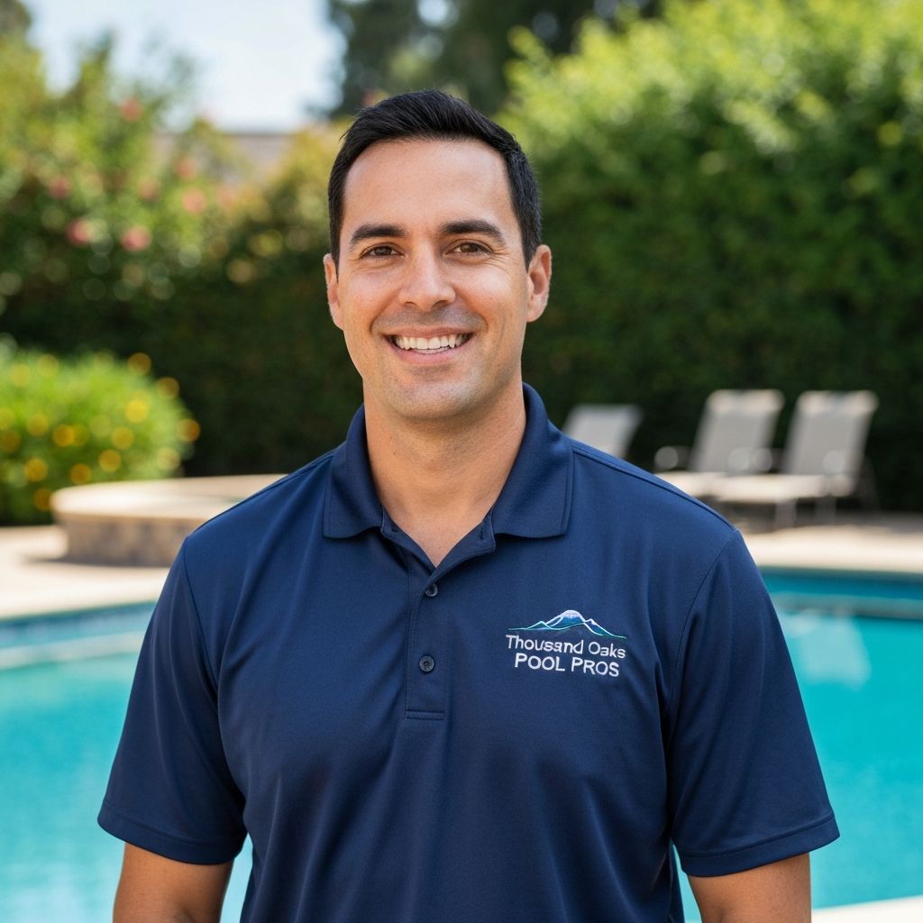 Michael Rodriguez, owner of Thousand Oaks Pool Pros, wearing a polo shirt with company logo and name