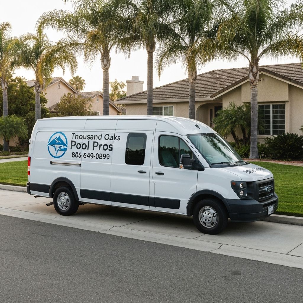 Thousand Oaks Pool Pros service van with company name and phone number 805-649-0899, parked in front of a suburban home in Thousand Oaks, California